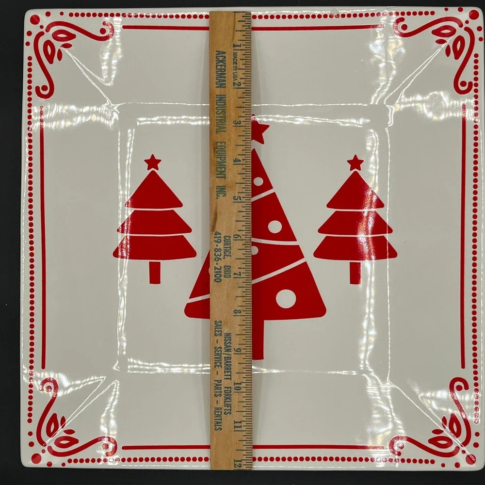 Elise for Elise Ceramic Christmas Plates Set of 2 Red White Tree Platters in Box